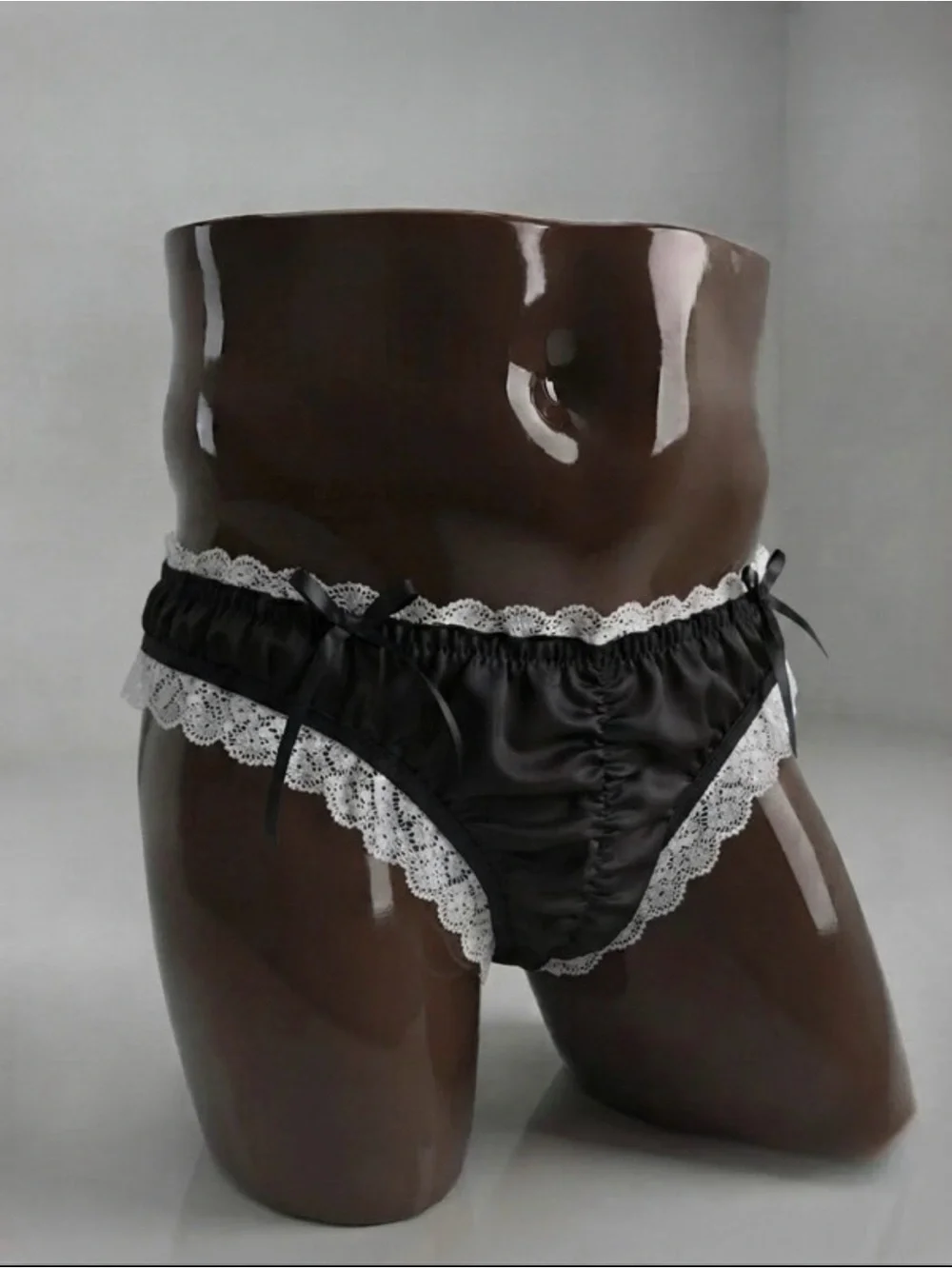 Black Satin Lace Bikini Panties with White Trim | XL